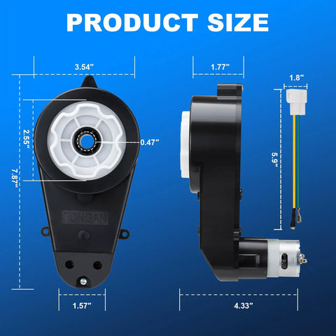 Dimensions of 24V High Speed RS555 Gearbox for Kids Ride On Cars Upgrade Motor, side and front view with measurements in inches