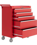 Five Drawer Rolling Tool Chest With Wheels And Central Lock System, Pro Grade Secure Storage Cabinet For Warehouse, Workshop, And Repair Shop, Portable Tool Box On Casters, Heavy Duty Red, red steel, front view