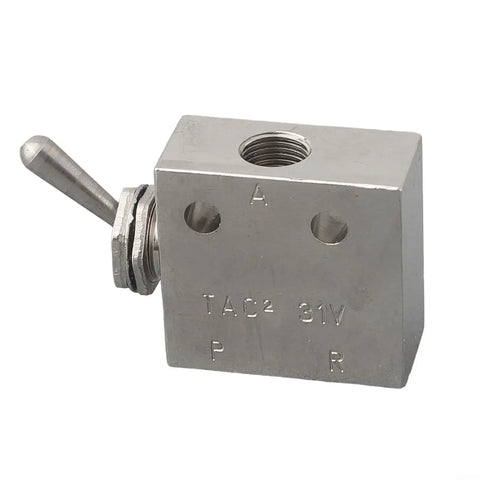 2 Position 3 Way Mechanical Pneumatic Valve 2-31V with toggle lever, silver-tone metal body, front angle view.