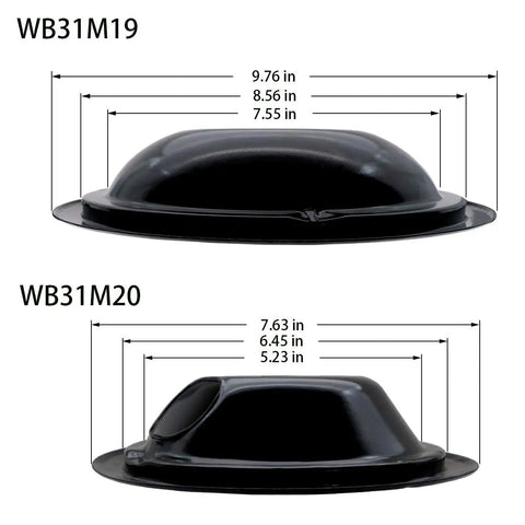 Porcelain Drip Pan Set for GE Hotpoint Ranges showing WB31M19 8-inch and WB31M20 6-inch pans with dimensions.
