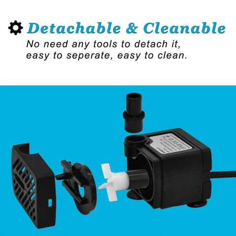 Whisper Quiet 3W 50GPH Mini Submersible Water Pump For Small Fountains, detachable and cleanable parts shown