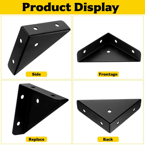 Beefy Heavy Duty Metal Corner Brackets for Wood, black universal triangle shelf support braces shown from four angles