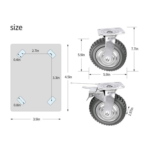 Diagram of Six Inch Rubber Caster Wheels Heavy Duty Anti Skid Swivel Casters dimensions and set components