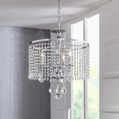 Three Light Polished Chrome Chandelier with K9 Crystal Dangles, Hardwired Ceiling Pendant, ultra elegant crystal glow