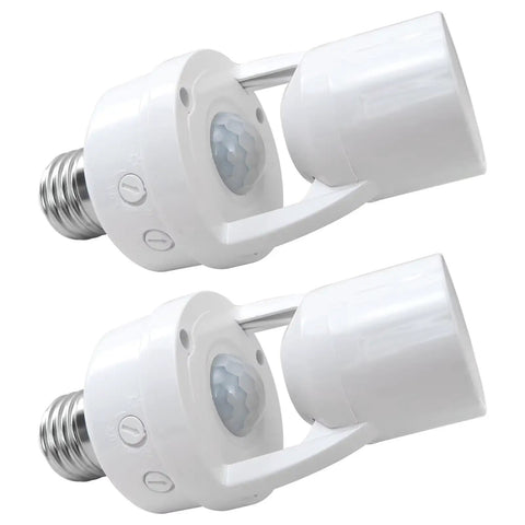 Two Pack Motion Activated Light Socket Adapters For E26 E27 Screw In Lamps, Easy Add On Auto On Off Sensor Lighting, Dusk To Dawn Indoor Lights For Porch Garage Basement. White plastic motion sensor socket adapters with E26/E27 screw base
