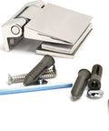 Rugged Frameless Glass Door Hinges Crafted From Top Tier 304 Stainless Steel Heavy Duty Hardware with screws and mounting kit.