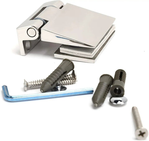 Rugged Frameless Glass Door Hinges Crafted From Top Tier 304 Stainless Steel Heavy Duty Hardware with screws and mounting kit.