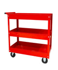 Heavy Duty 3 Tier Service Cart On Wheels With Locking Brakes, 400 Pound Capacity, Mobile Utility Cart, red, three shelves, front view.