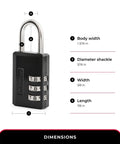 Front view of Master Lock black plastic-bodied combination padlock with three-digit dials for lockers and cabinets