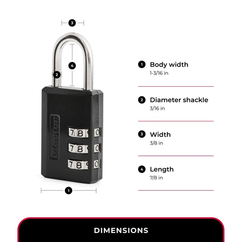 Front view of Master Lock black plastic-bodied combination padlock with three-digit dials for lockers and cabinets
