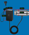 Portable Ultrasonic Cleaner With 40KHz Frequency And 5 Minute Timer, sizes marked for the cleaner and power unit in mm.