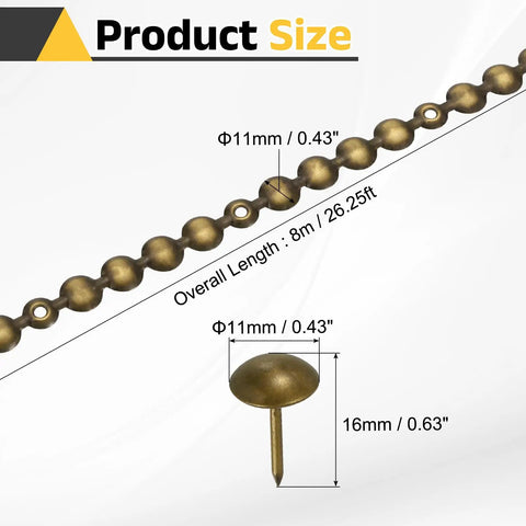 Smooth Upholstery Nailhead Trim Tape 8 Meter Glossy Bronze Decorative Strips dimensions showing length and nail size for sofa headboard chair upgrade.