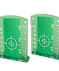 Two Pack Magnetic Floor Laser Target Cards For Green Beam Laser Level, Compact Readout In Inches And Centimeters, Top Magnet For Easy Attachment To Metal Studs, Ideal For Precise Beam Alignment And Quick Setup. Two green laser target cards with inch and cm scales.