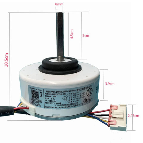 High Efficiency Brushless DC Fan Motor For 20W WZDK20-38G ZKFP-20-8-6 Air Conditioning Unit Replacement showcasing dimensions