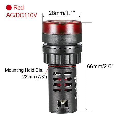 Five Pack Red Indicator Light With Buzzer 110V ACDC 22mm Panel Mount Flashing Alarm with dimensions for control panels