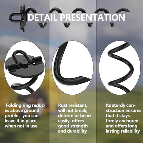 Detail presentation of Four Piece Spiral Stakes Beefy Heavy Duty Ice Screw Anchors highlighting folding ring, rust resistance, and durability.