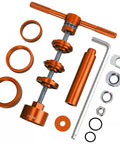 Pro Grade Bike Bottom Bracket Install And Removal Tool Kit With Bearing Press, rugged aluminum stainless steel parts displayed.