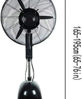 Floorstand Mist Fan With Oscillating Head And Adjustable Height 165-195cm tall with a sleek black base and wheels, ideal for cooling.