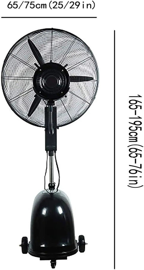 Floorstand Mist Fan With Oscillating Head And Adjustable Height 165-195cm tall with a sleek black base and wheels, ideal for cooling.