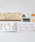 Components and instructions of 3D Wooden Steam Train Building Set For Adults With Wind Up Mechanical System And Track Rubber Band Powered Locomotive Kit.