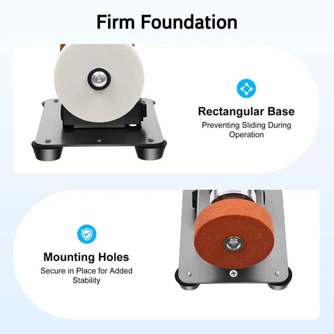 TuiLesoung Mini Bench Grinder Featuring 96W Dual Wheel Sharpening Machine For Tabletop Use with rectangular base and mounting holes.