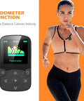 64GB MP3 Player With Clip For Sports A65 Bluetooth 5 Point 3 Music Player with pedometer, woman running in gym attire