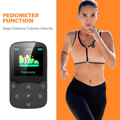 64GB MP3 Player With Clip For Sports A65 Bluetooth 5 Point 3 Music Player with pedometer, woman running in gym attire