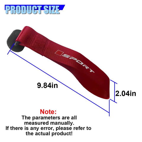 Custom Red Deco Tow Strap For Car Bumper And Trunk, 9.84in nylon strap with ABS hook showing dimensions for garage use.