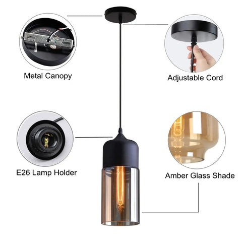 Industrial Farmhouse Pendant Light With Black Finish And Amber Cylinder Shade, showing adjustable cord and E26 lamp holder.