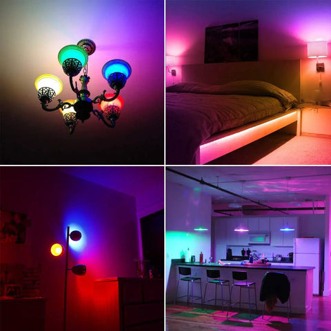 RGB Color Changing LED Bulbs With Remote, 40W Equivalent, E26 Base, Dimmable Vibe Lighting illuminating various room settings.