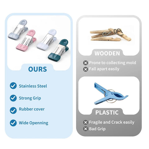 Heavy Duty Rubber Coated Clothespins And Chip Clips With A Badass Spring Grip Perfect For Laundry Food Storage And Outdoor Drying All Week Long Zero Slip in various colors and textures.