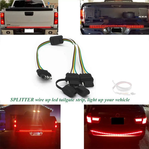 4 Way Y Splitter Harness for Trailer Lights and Tailgate Light Bars Plug And Play 4 Pin Connector Extension Wiring Kit Durable Heavy Duty Insulated Cable shown.