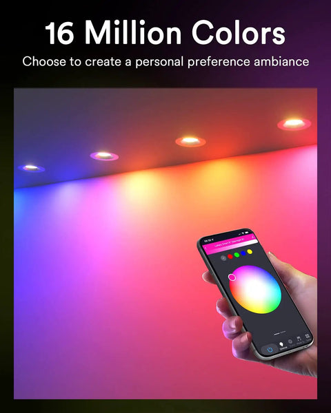 Smart Recessed LED Can Lights Five To Six Inch With Baffle Trim, 13W 1100LM RGBWW Color Changing shown in a room with phone control