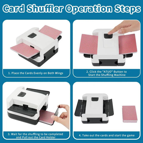One Press Auto Card Shuffler For 1 To 2 Decks Electric Slot Machine showing step-by-step operation with playing cards.