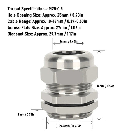 M25 Adjustable Stainless Steel Cable Gland Kit For 10 To 16mm Cables with dimensions and specifications visible