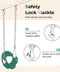Outdoor Toddler Swing With High Back Full Bucket Seat For Backyard Or Playground 330 Lb Capacity Ultra Safe Design Plastic Coated Chains And Quick Snap Carabiners Kid Friendly EVA Soft Touch Seat For Gentle Skin Waterproof And Shock Absorption showing safety lock buckle instructions for fast setup and secure play.