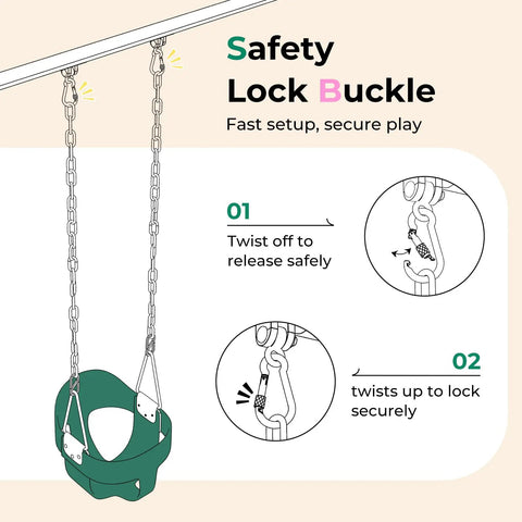 Outdoor Toddler Swing With High Back Full Bucket Seat For Backyard Or Playground 330 Lb Capacity Ultra Safe Design Plastic Coated Chains And Quick Snap Carabiners Kid Friendly EVA Soft Touch Seat For Gentle Skin Waterproof And Shock Absorption showing safety lock buckle instructions for fast setup and secure play.