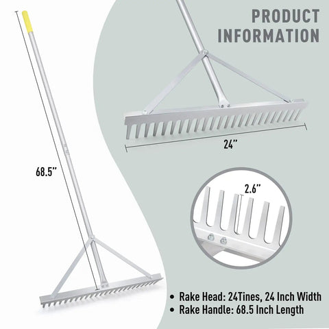 Landscape Rake With Aluminum Head And 68 Inch Handle, 24 Inch Width With 24 Tines, Ideal For Smoothing Gravel, Driveways, Beach And Lawn Care, Heavy Duty Gardening Tool For Quick Raking And Leveling