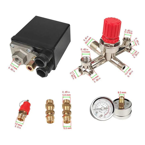 Components of Heavy Duty Air Compressor Pressure Switch Regulator Valve 90 To 120 PSI Range With 125 PSI Max 0 To 180 PSI Gauge