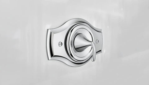 Chrome Shower Cover Plate Turns 3-Handle Or 2-Handle Showers Into A Slick Single-Handle Setup, reflective finish on wall