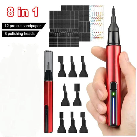 Pro Grade High Precision Reciprocating Grinding Pen For Military Models And Resin Kits, shown with sanding heads and sandpaper