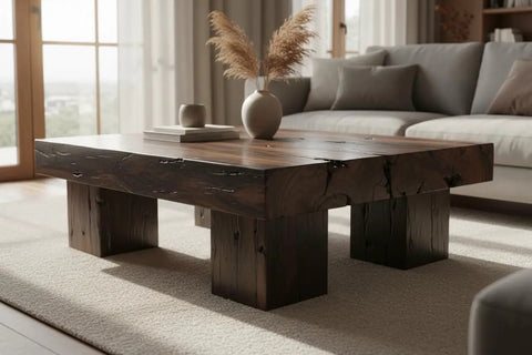 Pro Grade Black Bogwood Reactive Water Based Interior Wood Stain In A Heavy Duty 55 Gallon Drum used on rustic coffee table surface.