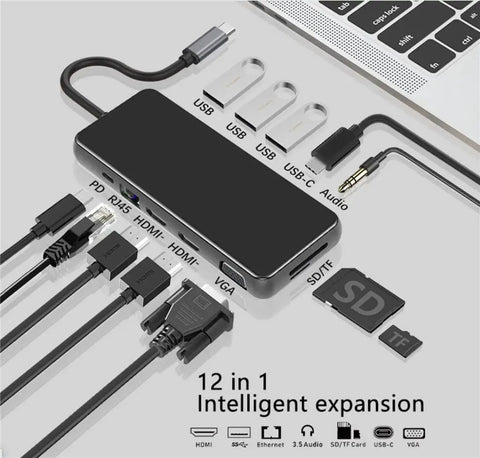 Portable USB C Docking Station Featuring Crisp 4K Triple Monitor Output And Type C Multiport Hub Adapter for 12-in-1 connectivity with various ports.