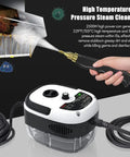 Portable Handheld Steam Cleaner Pressurized Steam Cleaning Machine Red High Temp 221F 3Bar 10s Quick Heat 6 Speed Settings 3 Brush Heads in use on greasy stovetop.
