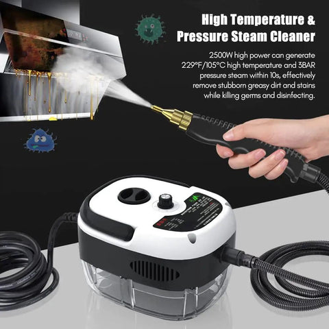 Portable Handheld Steam Cleaner Pressurized Steam Cleaning Machine Red High Temp 221F 3Bar 10s Quick Heat 6 Speed Settings 3 Brush Heads in use on greasy stovetop.