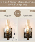 Retro Rustic Oil Rubbed Bronze Plug In Wall Sconce Set Of 2 With Amber Glass showing plug-in and hardwired options for versatility.