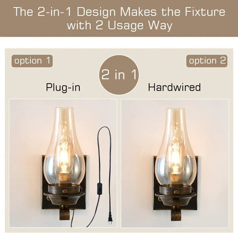 Totally Solid Plug In Oil Rubbed Bronze Wall Sconce Featuring Hand Painted Kerosene Lamp Silhouette And Warm Glowing Amber Glass 2-in-1 design options for plug-in or hardwired use.