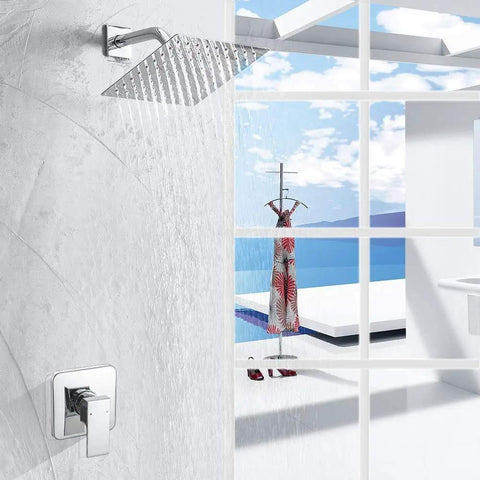 Single Function Shower Trim Kit With Rough In Valve In Polished Chrome Square Stainless Steel Rain Shower Head