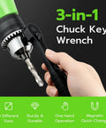 Smooth Operation Universal Ratchet Drill Chuck Key Wrench Set With Dual Socket Heads And Rock Solid Magnetic Grip, showcasing a hand using a dual socket chuck key.