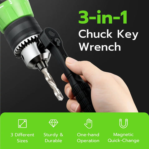 Smooth Operation Universal Ratchet Drill Chuck Key Wrench Set With Dual Socket Heads And Rock Solid Magnetic Grip, showcasing a hand using a dual socket chuck key.